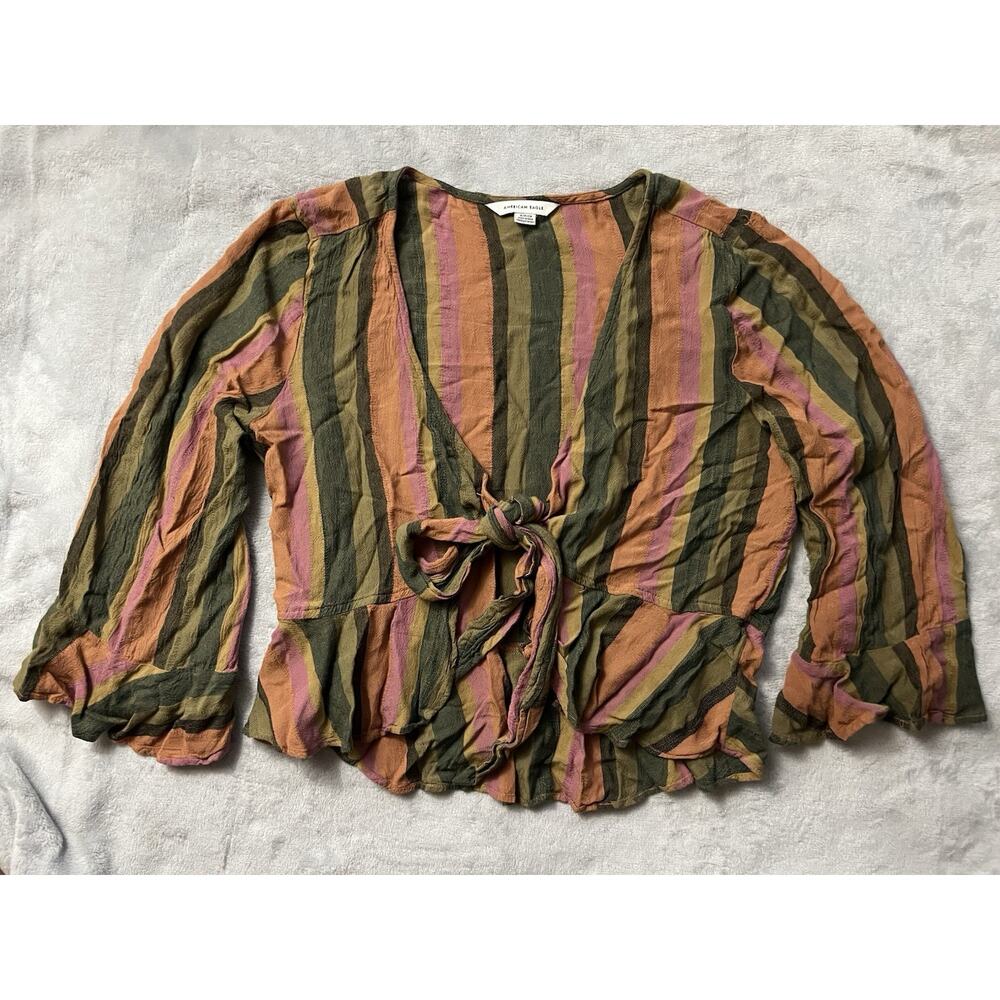 American Eagle Striped Tie-Front Sz S Earth Tone Boho Beachy Vacation Festival